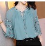 Vintage embroidered three quarter sleeve ladies loose chiffon tops and blouses