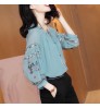 Vintage embroidered three quarter sleeve ladies loose chiffon tops and blouses