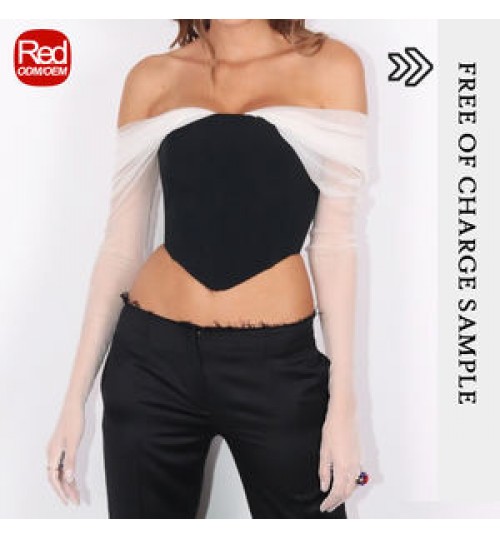 RedHK Custom High Quality New Arrives Black Pu With White Mesh Crop Blouse Women Tops And Blouses fishtail chiffon blouse