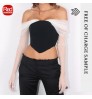 RedHK Custom High Quality New Arrives Black Pu With White Mesh Crop Blouse Women Tops And Blouses fishtail chiffon blouse