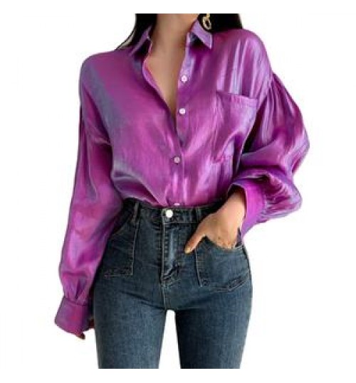 Women Reflective Bright Gradient Color Shirts Vintage Female Elegant Lapel Button Blouse Casual Puff Sleeve Tops