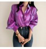 Women Reflective Bright Gradient Color Shirts Vintage Female Elegant Lapel Button Blouse Casual Puff Sleeve Tops