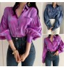 Women Reflective Bright Gradient Color Shirts Vintage Female Elegant Lapel Button Blouse Casual Puff Sleeve Tops