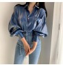 Women Reflective Bright Gradient Color Shirts Vintage Female Elegant Lapel Button Blouse Casual Puff Sleeve Tops