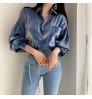 Women Reflective Bright Gradient Color Shirts Vintage Female Elegant Lapel Button Blouse Casual Puff Sleeve Tops