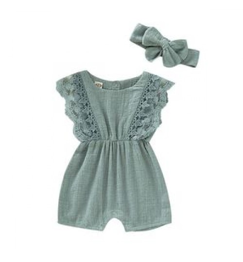 Summer Baby Girl Rompers Newborn Baby Clothes Toddler Flare Sleeve Solid Lace Design Romper Jumpsuit Baby With Headband