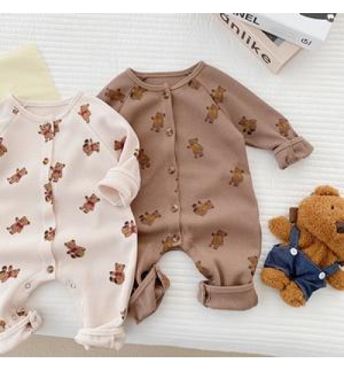 spring baby cartoon print bear jumpsuit infant bay boys girls long sleeve outwear