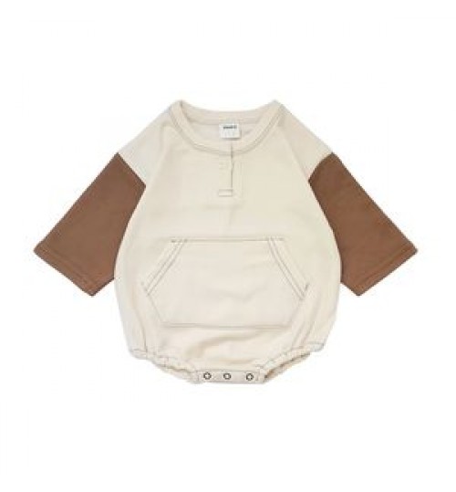 Baby color block kangaroo pocket bubble romper french terry long sleeve playsuit