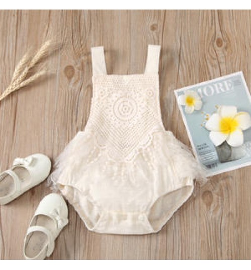 Infant Baby Girls Fly Sleeve Solid Cotton Lace Rompers Playsuits Newborn Girls Jumpsuits Toddler Baby Sunsuits 0-24M