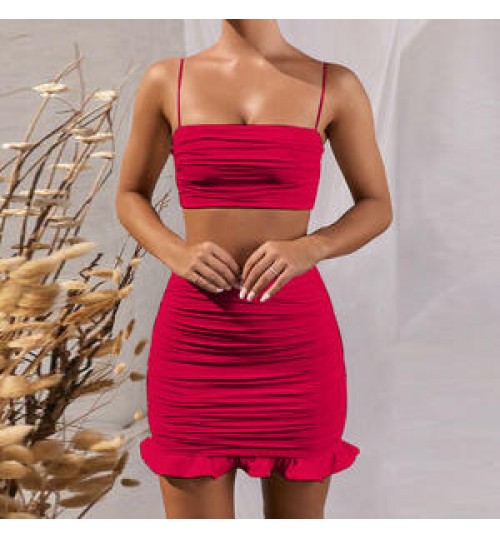 Solid Color Short Skirt With Ruffled 2 Piece Set Women Clothing Party Evening Club Girl Ladies Sleeveless Dresses