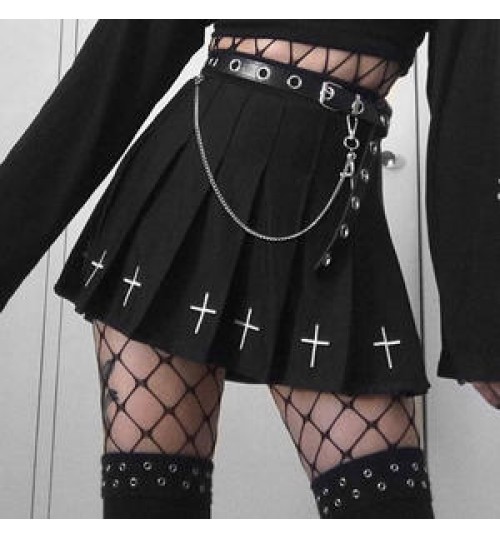 Y2K Dark Academy suit punk skirt functional wind a-word tactical half-length pleated skirt high-cold black cross mini skirt