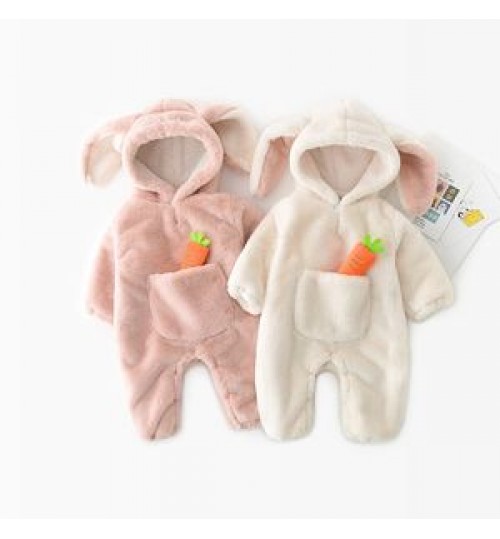 Baby kids Girls Roupas thick warm Velvet Winter Boys Rompers Rabbit Ear Hooded Infants Playsuit Carrot Overalls Jumpsuits