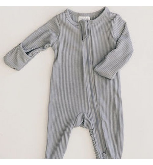 High Quality Grey Ribbed Footed One-piece Zipper 100% Organic Cotton Playsuit