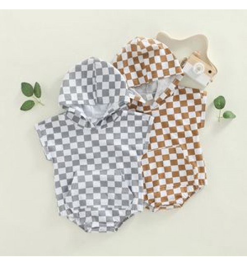 2022 Fashion Toddler Baby Boy Checkerboard Hoodie Romper Short Sleeve Plaid Checkered Hoodie Boys Sweatshirt Romper With Pocket