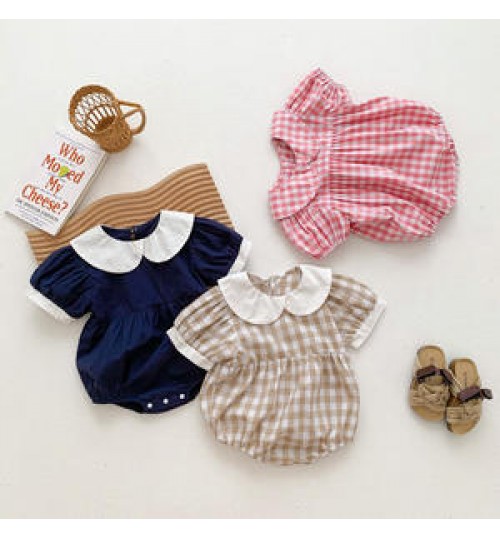 0-24M Newborn Infant Baby Romper Plaid Print Jumpsuit Playsuit Summer Short Sleeve Toddler Clothing Rompers