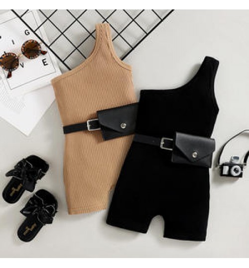 Toddler Baby Girl One Shoulder Romper Summer Oblique Shoulder Sleeveless Knitted Jumpsuit with Belt Children Clothes Playsuit