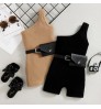 Toddler Baby Girl One Shoulder Romper Summer Oblique Shoulder Sleeveless Knitted Jumpsuit with Belt Children Clothes Playsuit