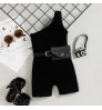 Toddler Baby Girl One Shoulder Romper Summer Oblique Shoulder Sleeveless Knitted Jumpsuit with Belt Children Clothes Playsuit