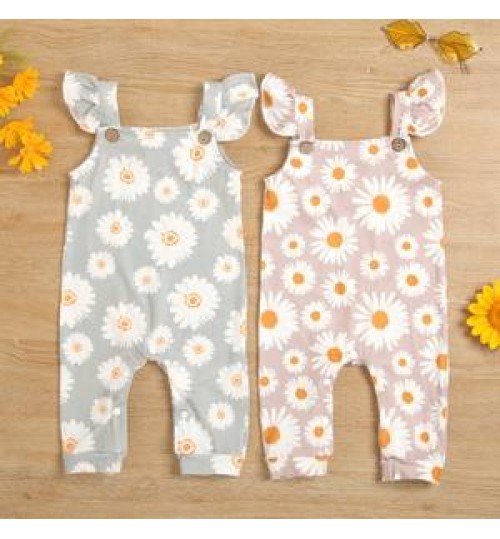 Private Label Toddler Girl Summer Long Playsuit Cute Daisy Sunflower Print Flying Sleeves Baby Romper Bodysuit