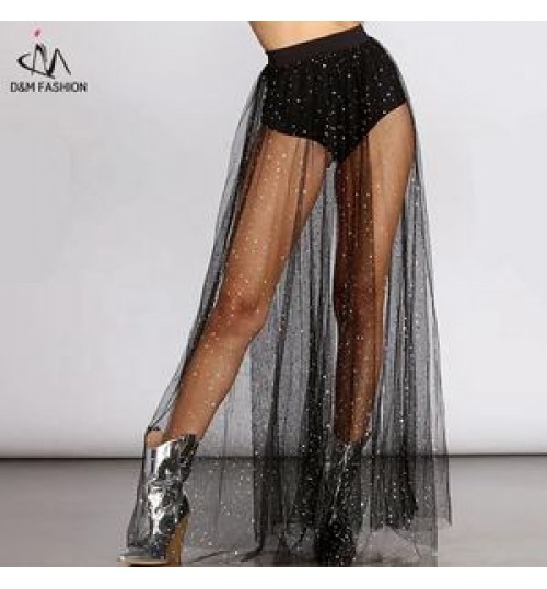 D&M women summer sexy lace Star moon sequin high waist skirt vintage tulle mesh transparent long skirt