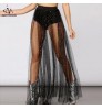 D&M women summer sexy lace Star moon sequin high waist skirt vintage tulle mesh transparent long skirt