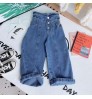 Custom Fashion Cotton Wide Leg Toddler Teen Child Clothes 2-14Y Denim Trousers High Waist Button Baby girls jeans pants