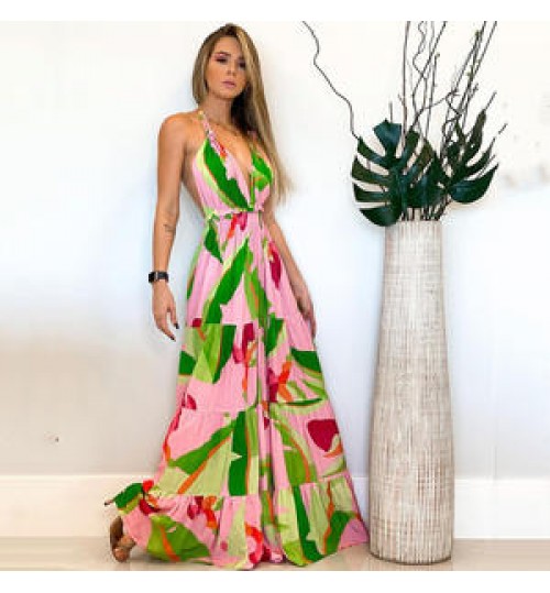 Deep V Backless Floral Longuette Bohemian Women's Dresses